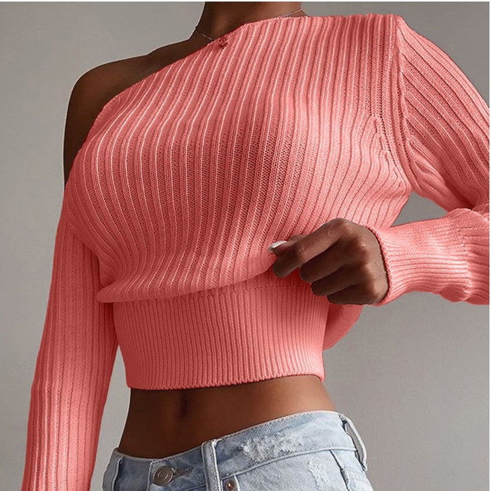 Women One Shoulder Sexy Knitted Sweaters-Shirts & Tops-Pink-S-Free Shipping at meselling99