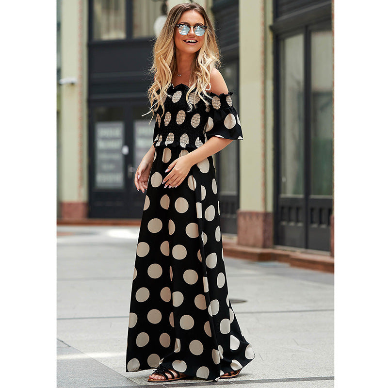 Casual Off The Shoulder Dot Print Long Maxi Dresses-Dresses-Free Shipping at meselling99