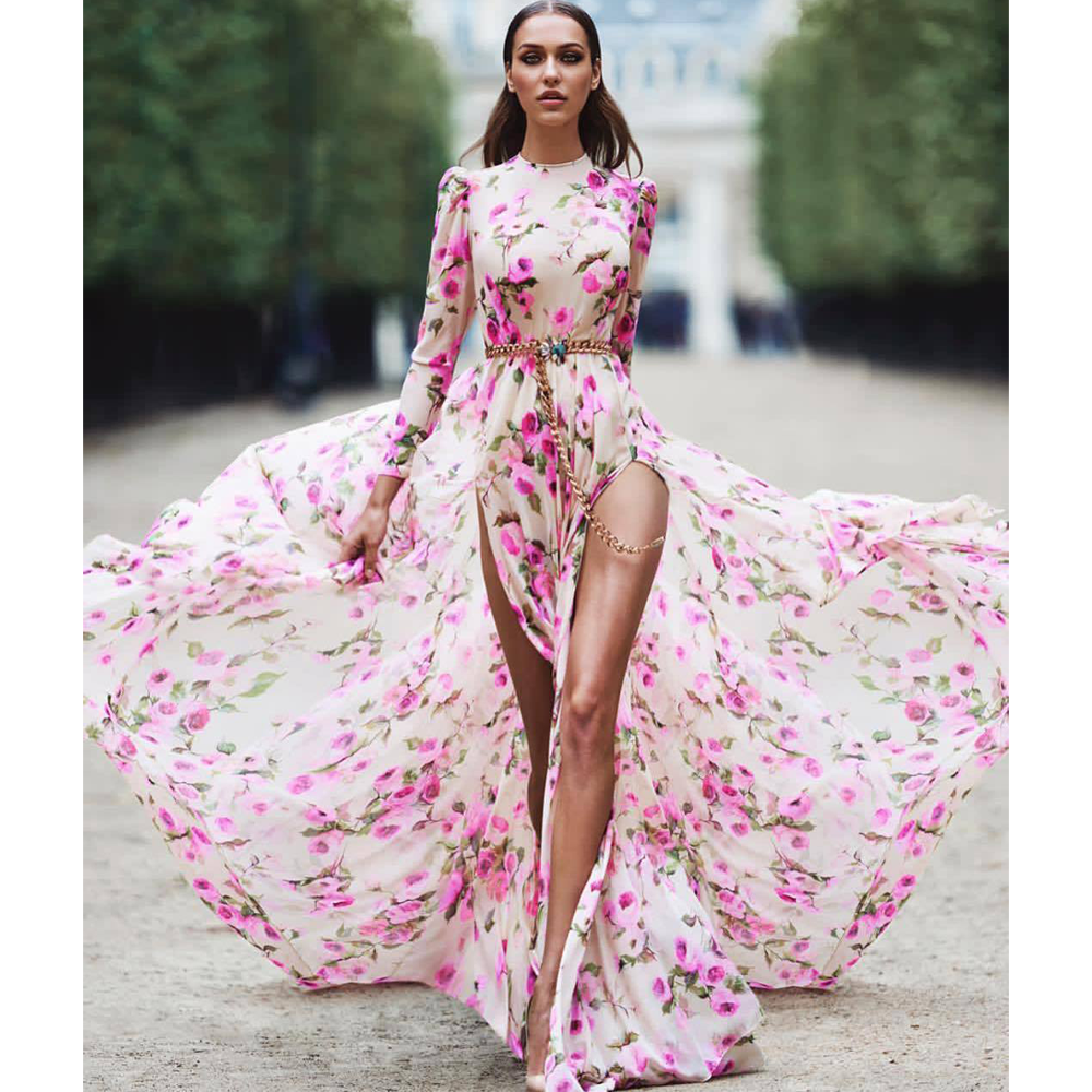 Wonen New Amazing Front Split Floral Print Long Maxi Dresses 2005-Maxi Dresses-Free Shipping at meselling99