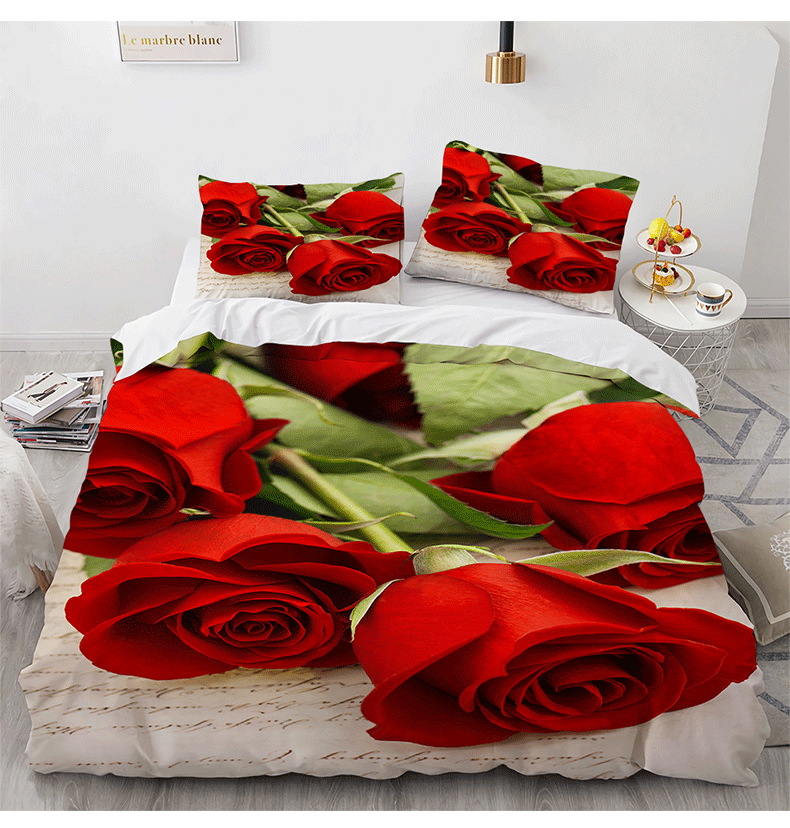 3D Red Pink Rose Design 3-Piece Bedding Sets