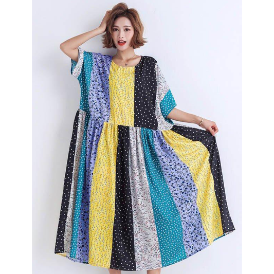 Women Print Split-Joint Round-Neck Short Sleeves Midi Dress-Maxi Dresses-The same as picture-Free Size-Free Shipping at meselling99