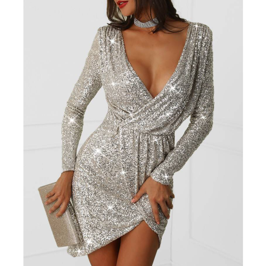 Sexy Deep V Neck Sequined Bodycon Mini Dresses-Dresses-Free Shipping at meselling99