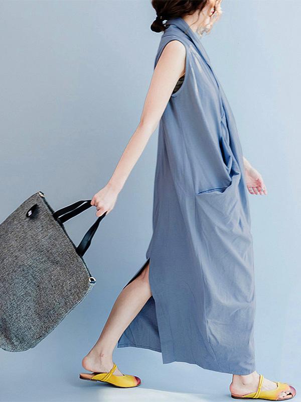 Meselling99 Loose Gray-blue Cropped Pockets Long Dress-Maxi Dress-GRAY BLUE-FREE SIZE-Free Shipping at meselling99