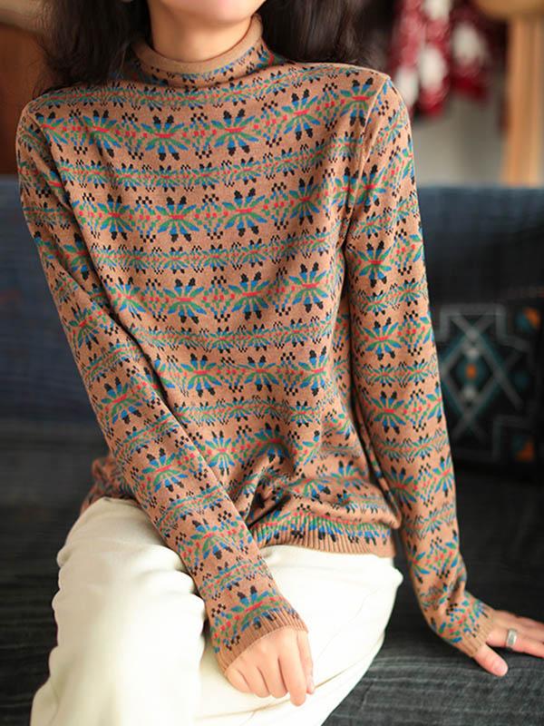 Original Floral High-Neck Knitting Sweater-Sweaters-Free Shipping at meselling99