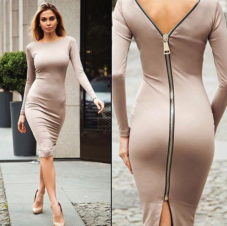 Sexy Back Zippered Bodycon Dresses-Sexy Dresses-Khaki-S-Free Shipping at meselling99