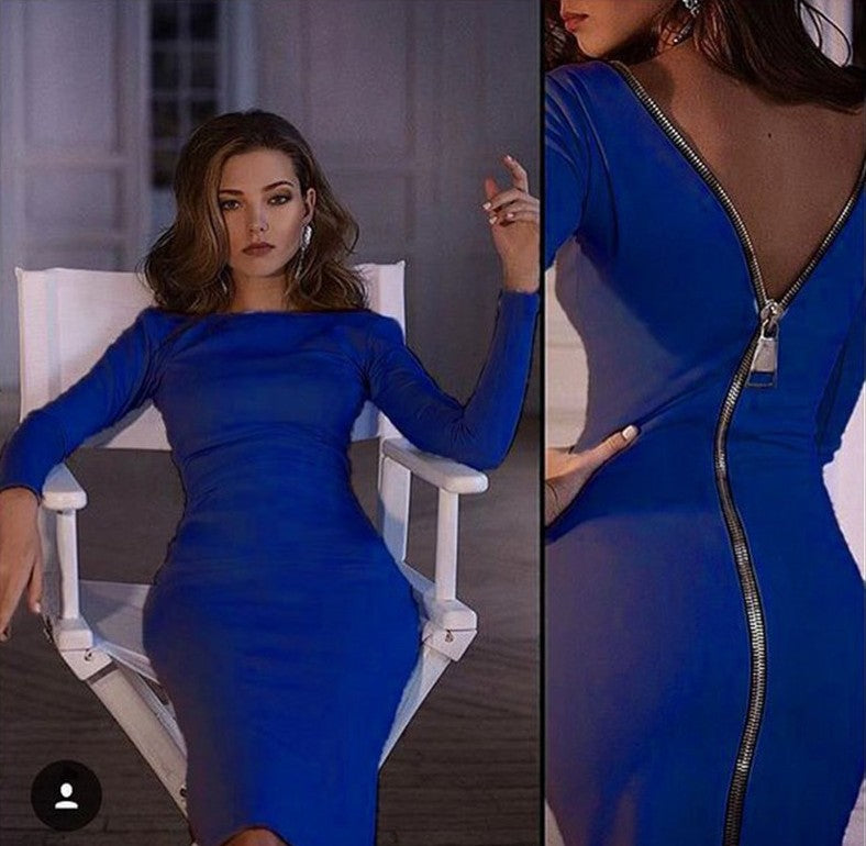 Sexy Back Zippered Bodycon Dresses-Sexy Dresses-Dark Blue-S-Free Shipping at meselling99