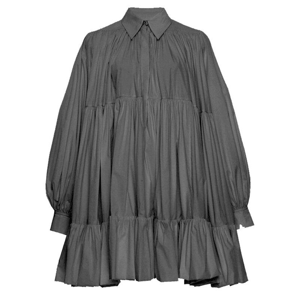 Stylish Black&White Puff Sleeve Lapel Pleated Shirt Bubble Dress-Mini Dresses-Free Shipping at meselling99