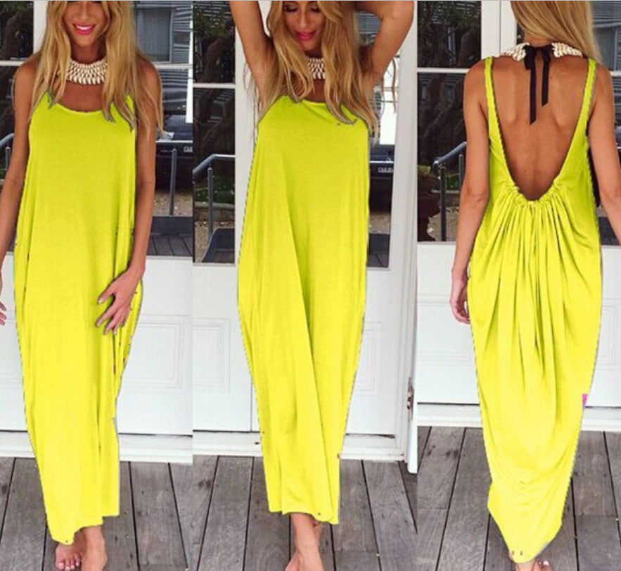 Sexy Backless U Shaped Beach Dresses-Maxi Dresses-Yellow-S-Free Shipping at meselling99