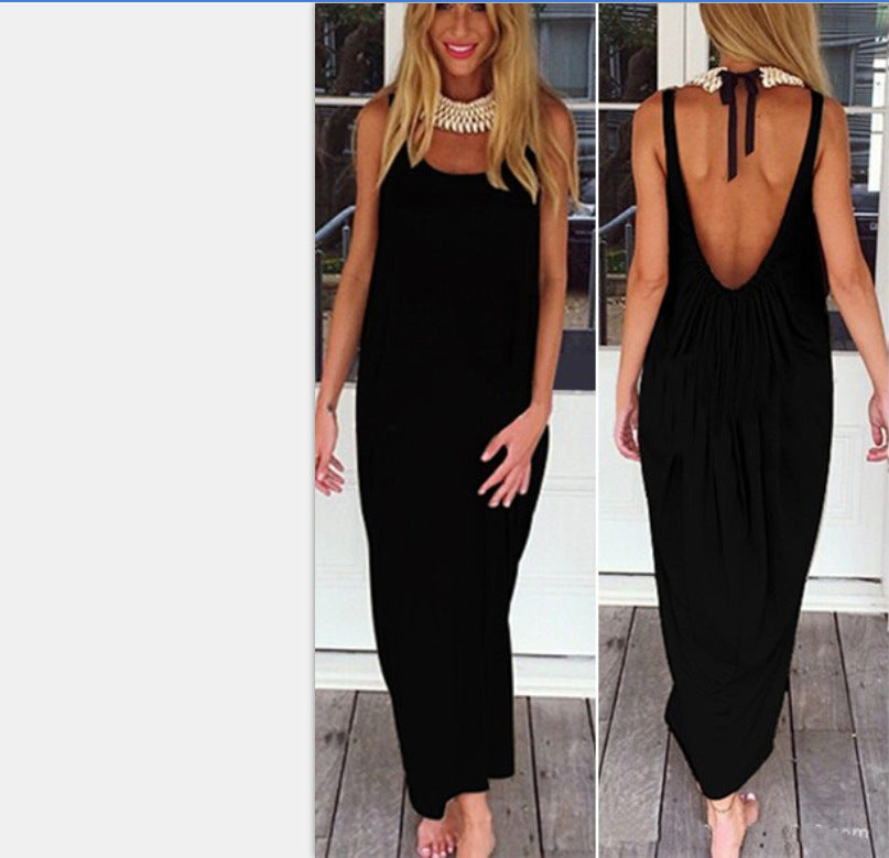 Sexy Backless U Shaped Beach Dresses-Maxi Dresses-Black-S-Free Shipping at meselling99