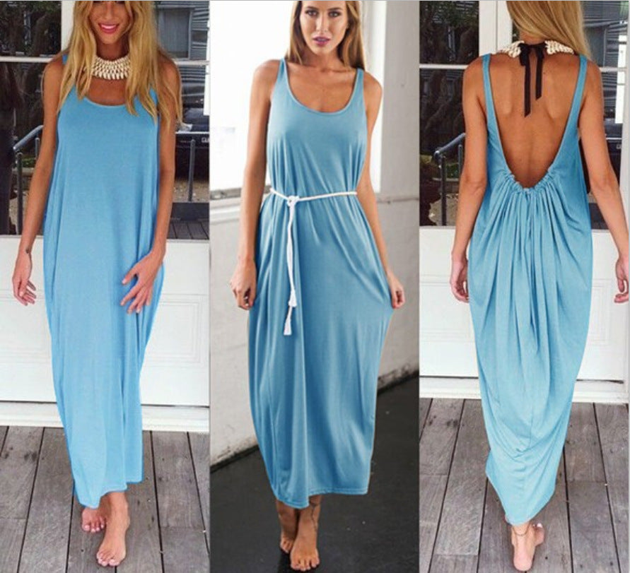 Sexy Backless U Shaped Beach Dresses-Maxi Dresses-Light Blue-S-Free Shipping at meselling99