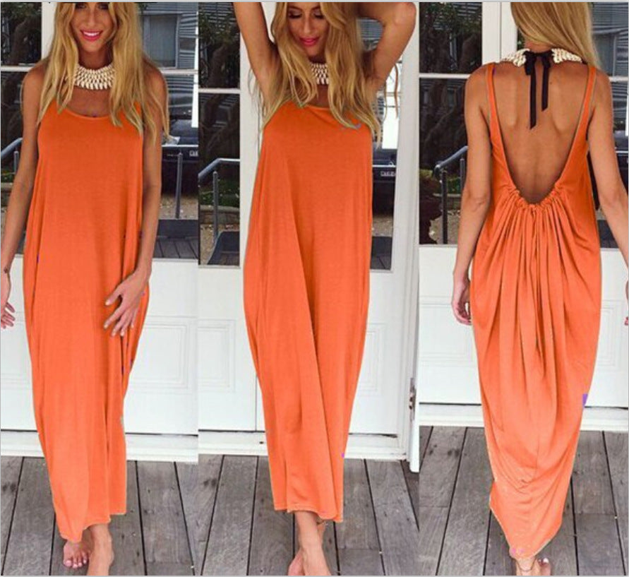 Sexy Backless U Shaped Beach Dresses-Maxi Dresses-Orange-S-Free Shipping at meselling99