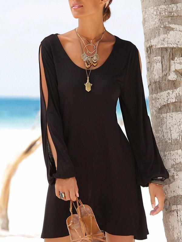 Messelling99 Casual Short Black Dress Swing Long Sleeve Slit Beach Mini Dress-Mini Dresses-S-Free Shipping at meselling99