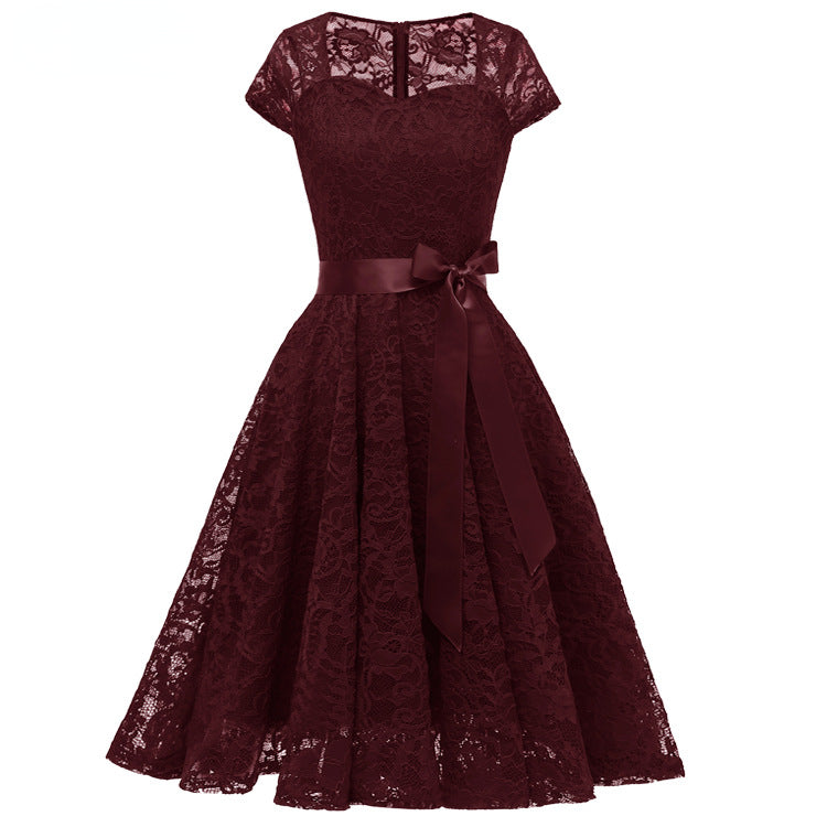 Elegant Short Sleeves Midi Lace Dresses-Dresses-Wine Red-S-Free Shipping at meselling99