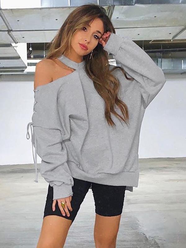 Mesellign99 Fashion Personality Off Shoulder Lace Up Asymmetric Split Loose Hoodie-Hoodies & Jackets-GREY-M-Free Shipping at meselling99
