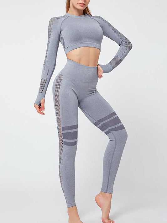 Mesh Hollow Striped Bare Midriff Yoga Suits-Yoga&Gym Suits-LIGHT BLUE-S-Free Shipping at meselling99
