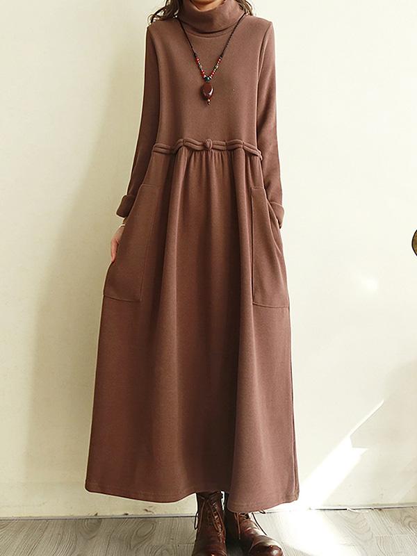Meselling99 Vintage Solid Color Split-Joint Loose High-Neck Midi Dress-Midi Dress-COFFEE-M-Free Shipping at meselling99