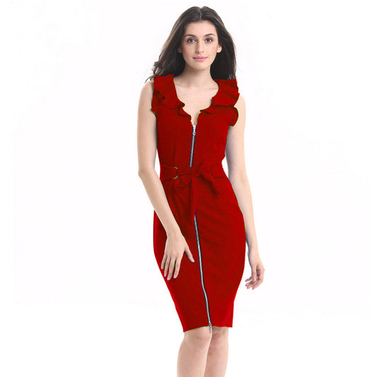 Sexy Ruffled V Neck Fashion Sheath Dresses-Sexy Dresses-Red-S-Free Shipping at meselling99