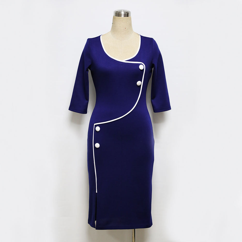 Sexy Women Deep V Neck Split Pencil Dresses-Blue-S-Free Shipping at meselling99