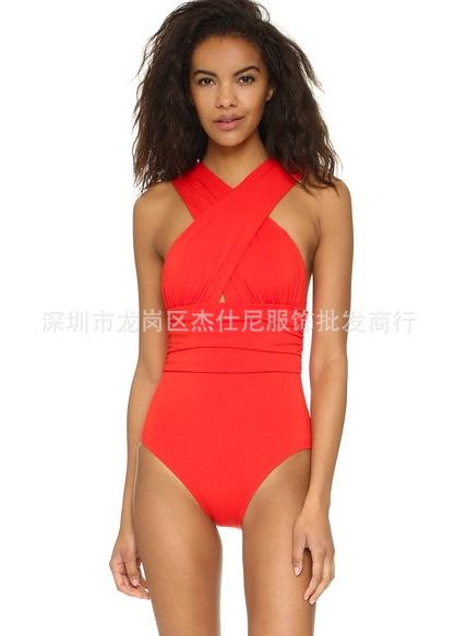 Women V Neck Cross Border One Piece Swimsuits-Red-S-Free Shipping at meselling99