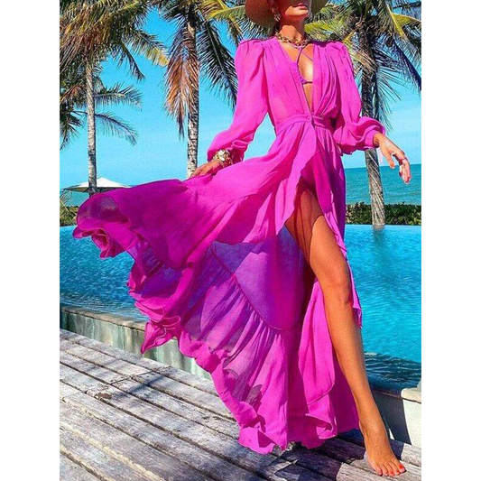 Simple Plunging Split-Front Long Sleeves Maxi Dress-Maxi Dresses-Free Shipping at meselling99