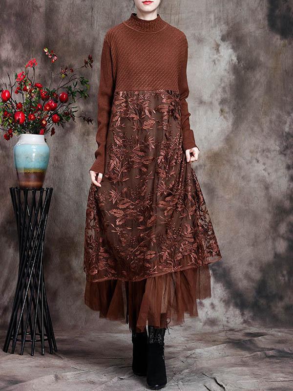 Original Lace Split-Joint Knitting Dress-Midi Dress-COFFEE-FREE SIZE-Free Shipping at meselling99