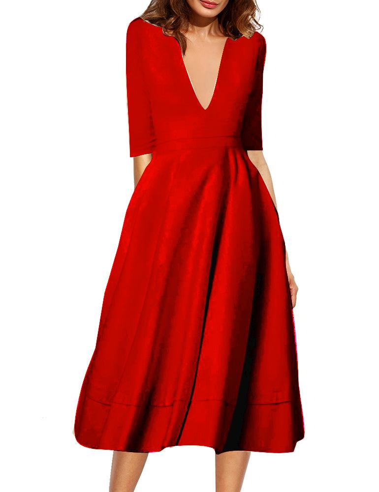 Sexy V Neck Half Sleeves Midi Length Dresses-Vintage Dresses-Red-S-Free Shipping at meselling99