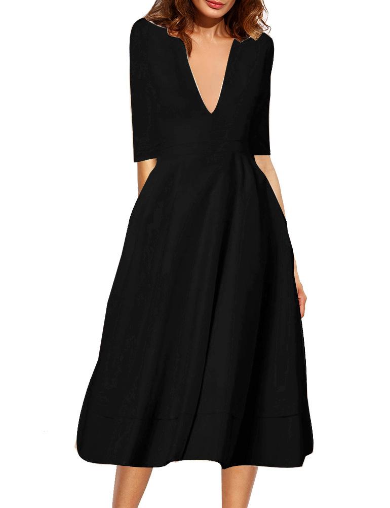 Sexy V Neck Half Sleeves Midi Length Dresses-Vintage Dresses-Black-S-Free Shipping at meselling99