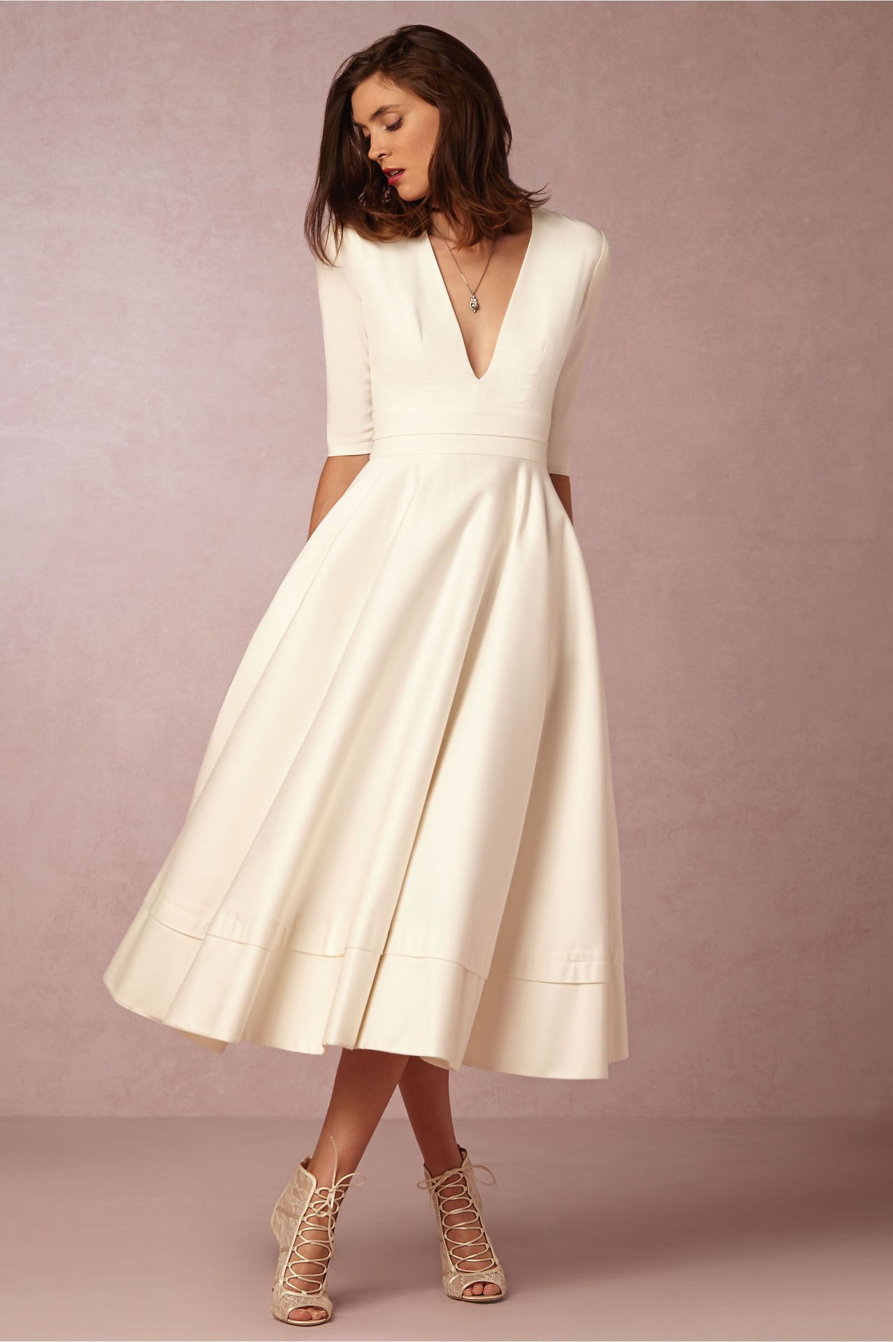 Sexy V Neck Half Sleeves Midi Length Dresses-Vintage Dresses-White-S-Free Shipping at meselling99