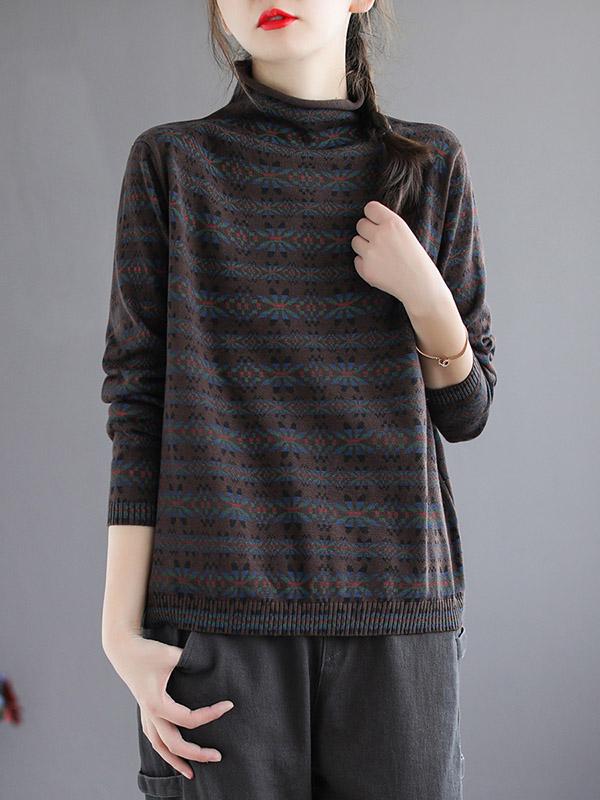 Original Floral High-Neck Knitting Sweater-Sweaters-COFFEE-FREE SIZE-Free Shipping at meselling99