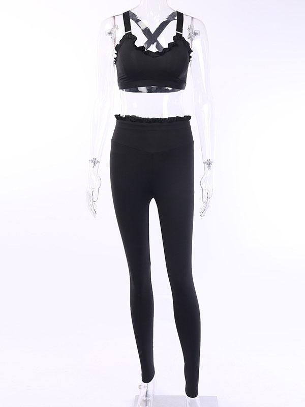 Solid Spaghetti-neck High Waist Suits-Yoga&Gym Suits-BLACK-S-Free Shipping at meselling99