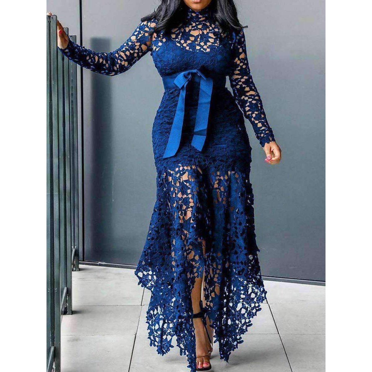 Sexy Hollow Lace Lace-Up Bowknot Asymmetric Long Sleeve Stand Collar Maxi Dresses-Maxi Dresses-Free Shipping at meselling99
