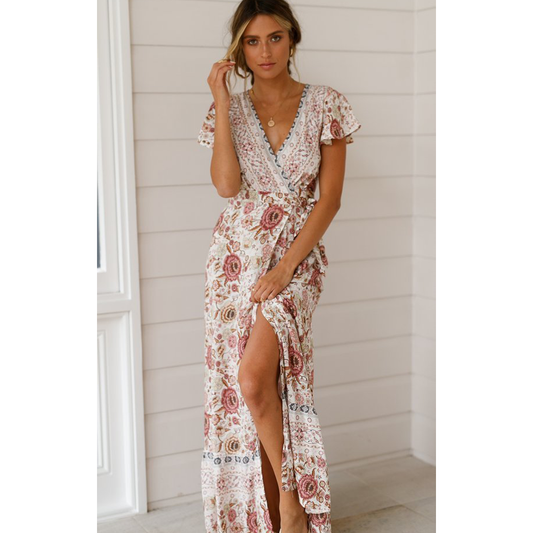 Summer V Neck Ruffled Sleeves Long Dresses--Free Shipping at meselling99