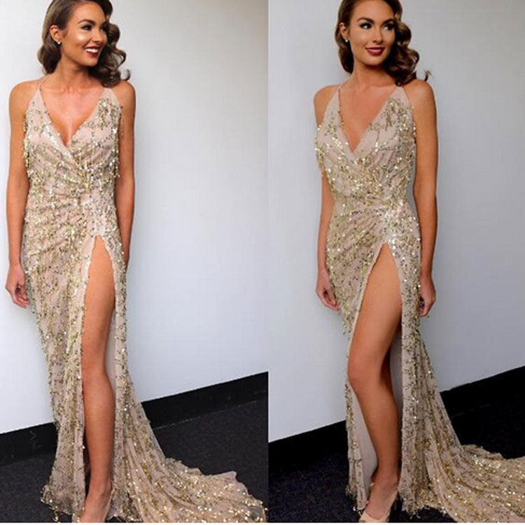 Sexy Backless Sequin Long Evening Dresses-Dresses-Free Shipping at meselling99