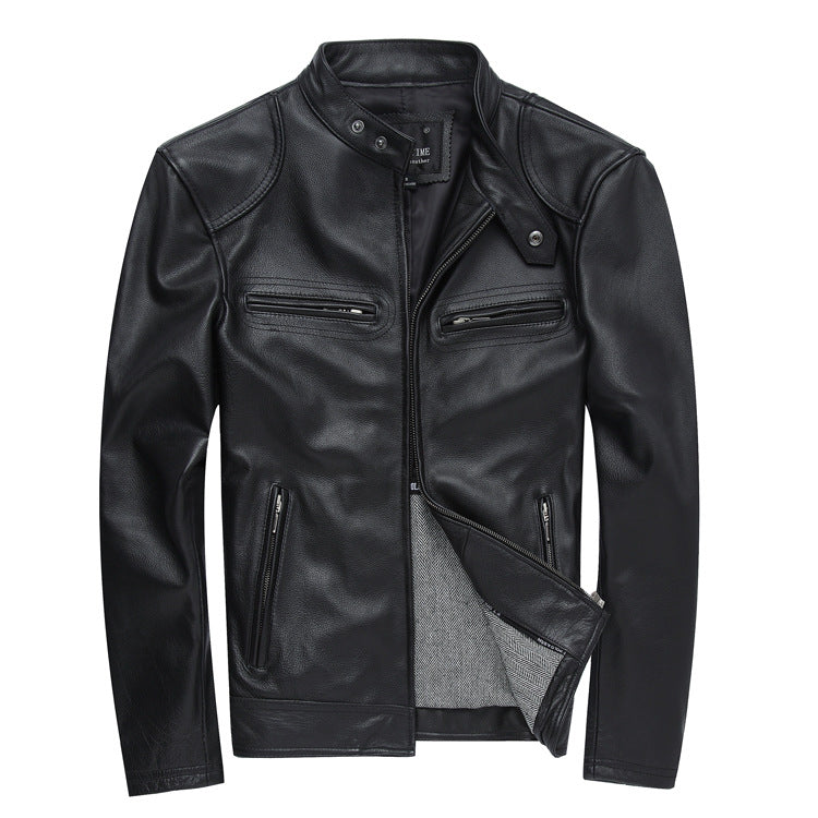 Casual Black Motorcycle Cowhide Leather Jackets for Men-Coats & Jackets-Black-S-Free Shipping at meselling99
