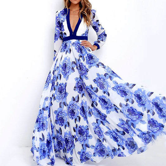 Blue Floral Print V Neck Long Maxi Dresses-Maxi Dresses-The same as picture-S-Free Shipping at meselling99