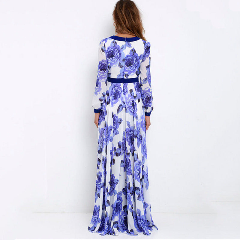 Blue Floral Print V Neck Long Maxi Dresses-Maxi Dresses-Free Shipping at meselling99