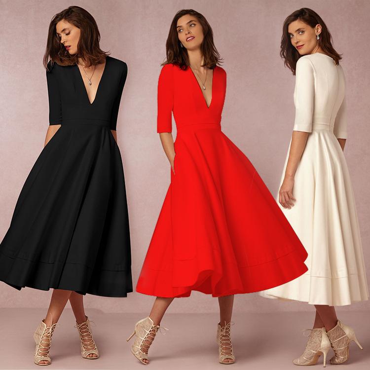 Sexy V Neck Half Sleeves Midi Length Dresses-Vintage Dresses-Free Shipping at meselling99