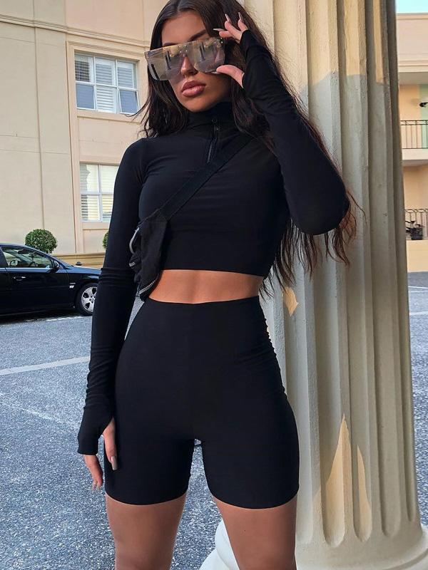 Solid Zipper Long Sleeves Tops And Shorts Suits-Yoga&Gym Suits-BLACK-S(US 2)-Free Shipping at meselling99