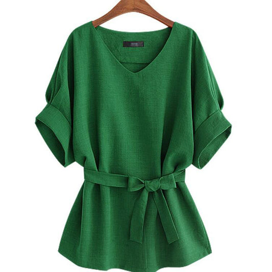 Plus Size Women V Neck Summer Linen Tops-Blouses-Green-XL-Free Shipping at meselling99