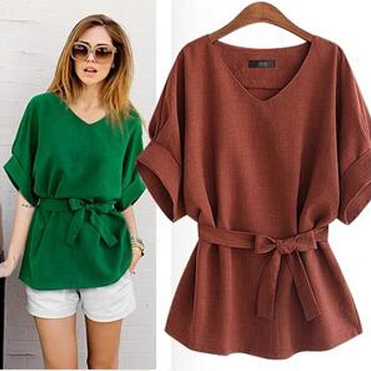 Plus Size Women V Neck Summer Linen Tops-Blouses-Wine Red-XL-Free Shipping at meselling99