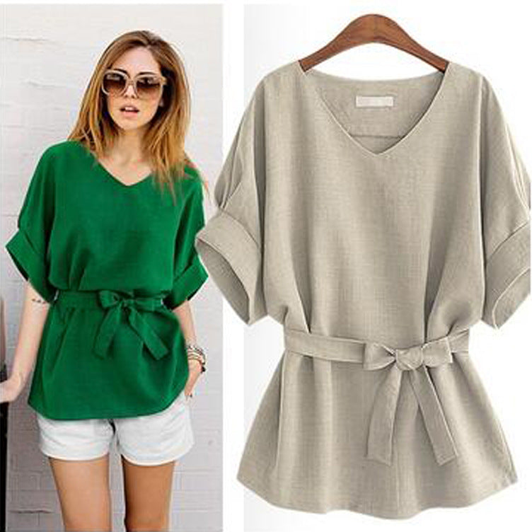 Plus Size Women V Neck Summer Linen Tops-Blouses-Light Gray-XL-Free Shipping at meselling99