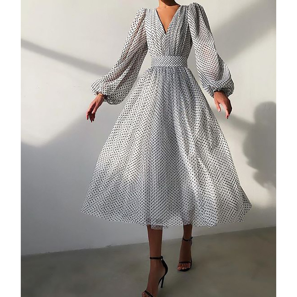 Elegant Dot Puff Sleeves V-neck Long Dresses-Maxi Dresses-White-S-Free Shipping at meselling99