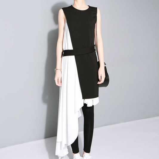 Black Whiter Irregular White Dress and Black Vest Set for Women-Dresses-Free Shipping at meselling99