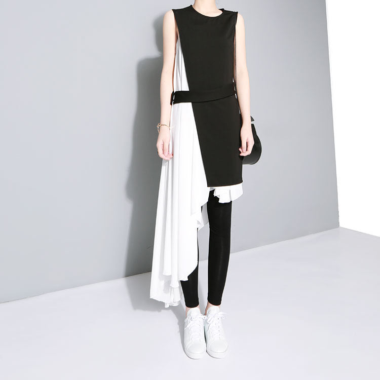 Black Whiter Irregular White Dress and Black Vest Set for Women-Dresses-Free Shipping at meselling99