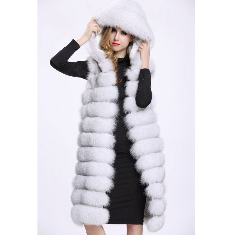 Artificial Fur Long Vest with Hat for Women-Vests-White-S-Free Shipping at meselling99