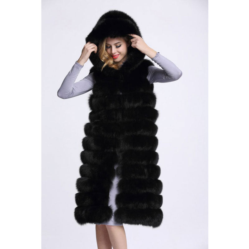 Artificial Fur Long Vest with Hat for Women-Vests-Black-S-Free Shipping at meselling99