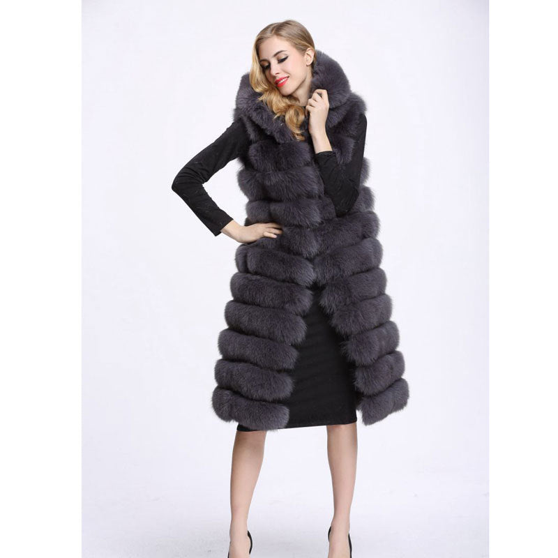 Artificial Fur Long Vest with Hat for Women-Vests-Gray-S-Free Shipping at meselling99