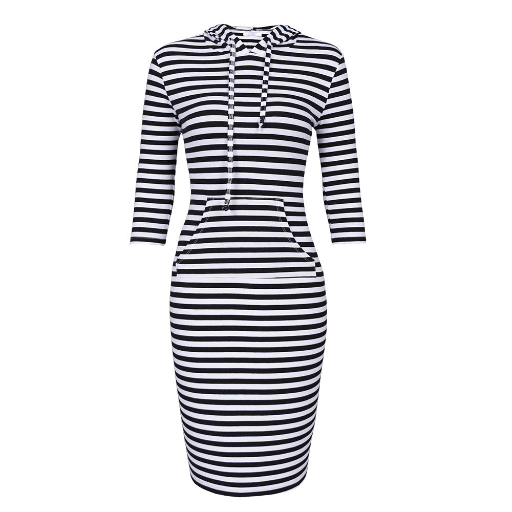 Women Fashion 3/4 Length Sleeves Fall Tight Short Dresses-Dresses-Black White Striped-XS-Free Shipping at meselling99
