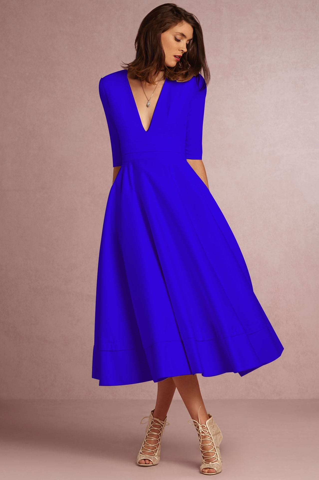 Sexy V Neck Half Sleeves Midi Length Dresses-Vintage Dresses-Blue-S-Free Shipping at meselling99
