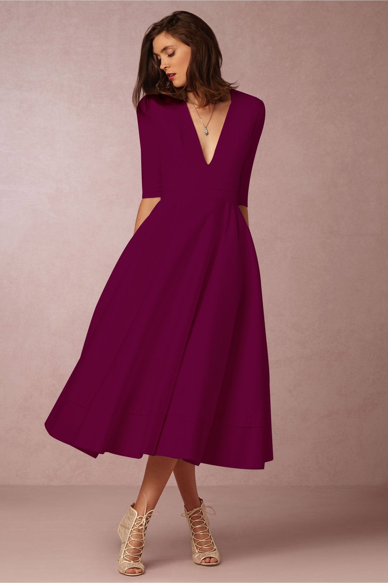 Sexy V Neck Half Sleeves Midi Length Dresses-Vintage Dresses-Wine Red-S-Free Shipping at meselling99
